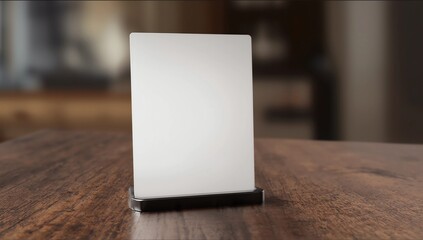 Mock up Menu frame in Bar restaurant, Stand for booklets with white sheets of paper acrylic tent card on wooden table on cafeteria blurred background.