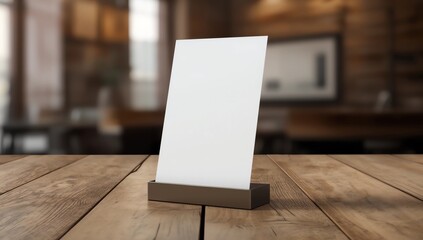 Mock up Menu frame in Bar restaurant, Stand for booklets with white sheets of paper acrylic tent card on wooden table on cafeteria blurred background.