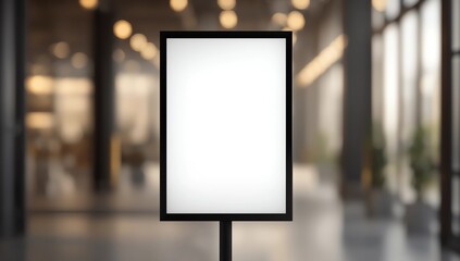 mock up blank white poster standing on blur restaurant background for show or promote promotion