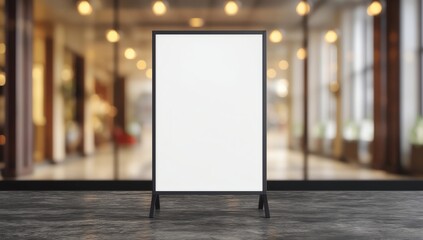 mock up blank white poster standing on blur restaurant background for show or promote promotion