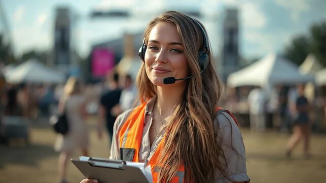 Smiling Event Coordinator with Headset and Clipboard Managing Outdoor Festival Operations