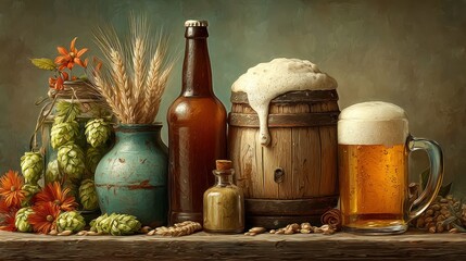 Still life with beer, hop, barley and flowers representing beer brewing