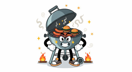 Obraz premium Grill Mascot with Burgers and Sausages Cartoon Character.