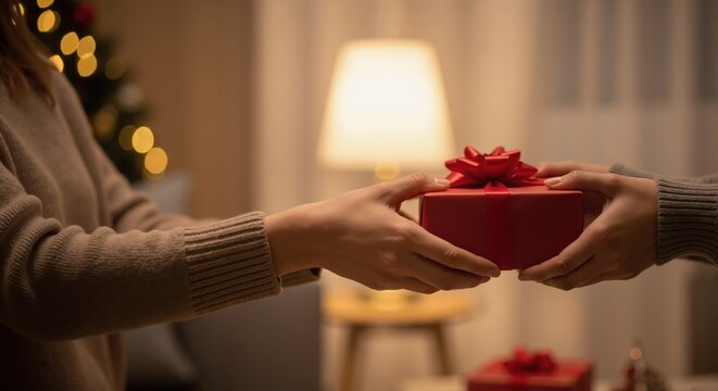 A person giving a red Christmas present to another person. Close-up of hands exchanging a gift box in a cozy, festive home setting with bokeh lights in the background