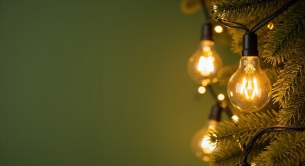 A close-up of vintage Christmas lights on a fir tree. Glowing Edison bulbs on a festive garland against a green background with copy space