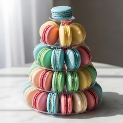 Colorful Macaron Tower Displayed on a Tiered Stand