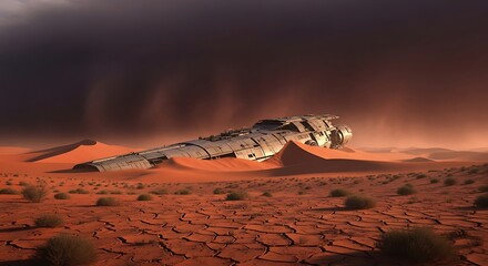 Crashed Spaceship in a Desert Landscape
