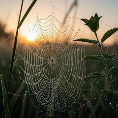Dewdrops Adorning Spiderweb at Sunrise