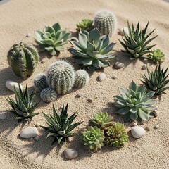 Diverse Succulent Plants and Cacti Arrangement on Sand