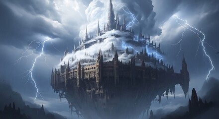 Epic Floating Castle Amidst Thunderstorm and Lightning