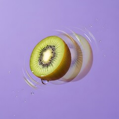 Fresh Kiwi Slice with Water Droplets and Motion Blur