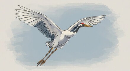 Naklejka premium Hand drawn illustration depicts a majestic wading bird in graceful flight across a muted sky