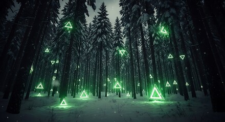 Glowing Triangles in Snowy Winter Forest