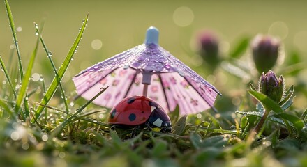 Ladybug Under Tiny Umbrella in Dewy Grass