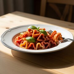 Heart-shaped pasta with tomato sauce and basil