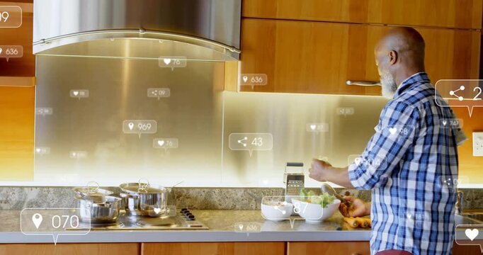 Man shredding lettuce, generating floating media icons rising and falling in cooking demo