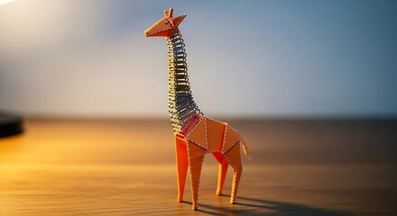 Origami Giraffe with Spring Neck on Wooden Surface