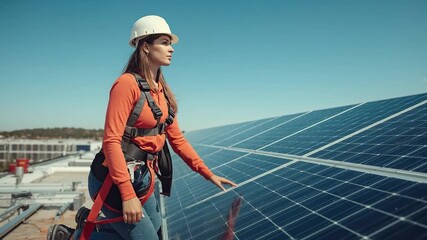 Female Engineer in Hard Hat and Safety Gear Inspecting Solar Panels on Rooftop, Promoting Sustainable Renewable Energy Solutions and Green Technology - Powered by Adobe