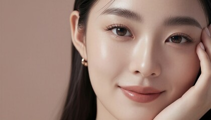 Fototapeta premium 頬に手を当てて微笑む女性のスキンケア