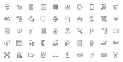 Smart Home icon set. Minimal vector line icons colletion. Includes smart light CCTV camera, solar panel,thermostat, security camer, voice assistant, smart lck, sensor, and more. Editble stroke.