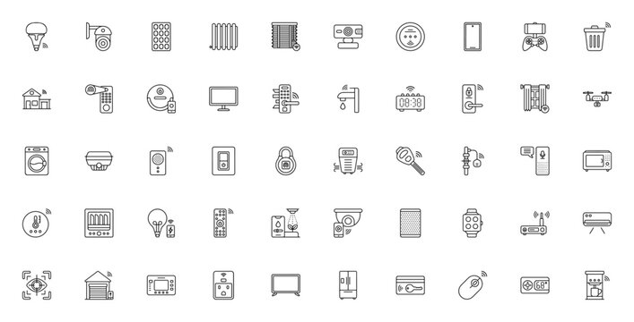 Smart Home icon set. Minimal vector line icons colletion. Includes smart light CCTV camera, solar panel,thermostat, security camer, voice assistant, smart lck, sensor, and more. Editble stroke.