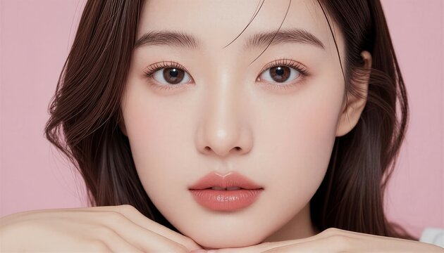 ピンク背景で顎に手を置く女性