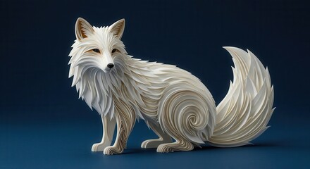 Obraz premium Sculpture crafted from layered paper depicts a stylized white canid sitting against a dark backdrop