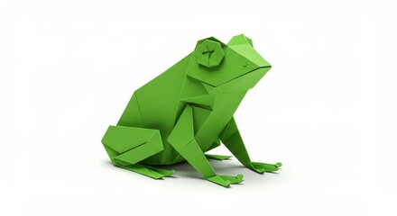 Obraz premium Bright green paper sculpture of an amphibian rests on a white background