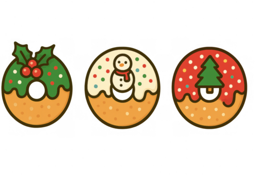 Christmas donuts featuring frosting decorations of holly, snowman, and a festive tree, transparent background - Powered by Adobe