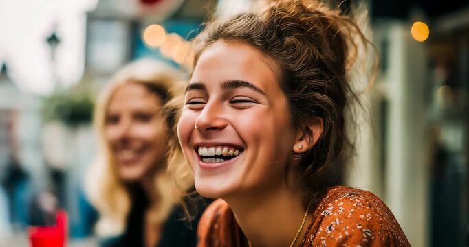 Young Woman Cochlear Implant Laughing Friend Sidewalk Caf� Bokeh