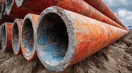 Rusty pipes construction equipment on the ground, industrial waste in the outdoor environment