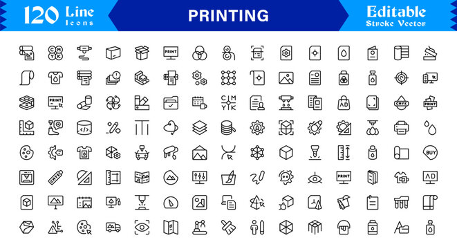 Unique Printing Industry Line Icon Collection Featuring Minimal, Professional, and Modern Vector Symbols, Perfect for Creative Projects, Clean and Simple Design Pack