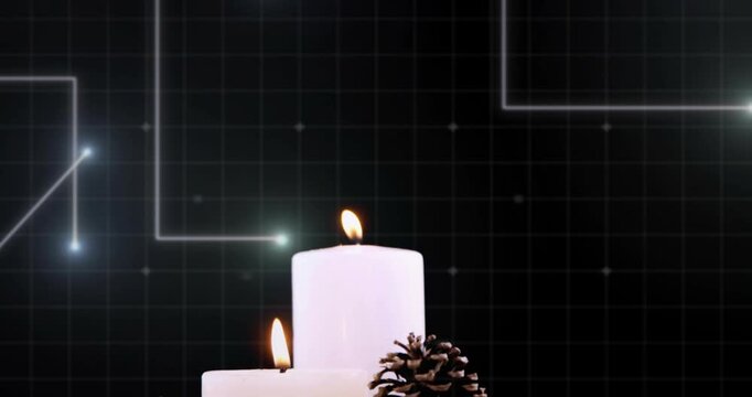 Flickering flame emerging on grid candles emerging with pine cones glowing lines simulating circuit
