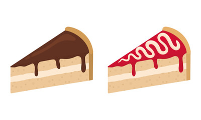 Dessert slices with dripping chocolate and strawberry topping