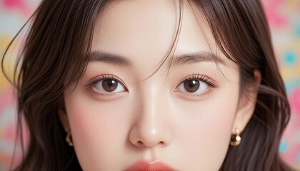 カラフルな背景で見つめる女性の目元