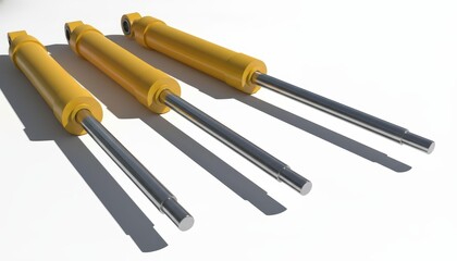 Fototapeta premium Dynamic low-angle shot showcases three yellow hydraulic cylinders in a fan-like arrangement, casting shadows against a white backdrop.