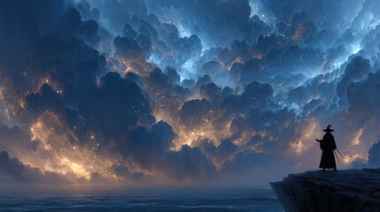 Fototapeta premium A solitary figure on a cliff overlooking a vast, luminous cloud sea at twilight