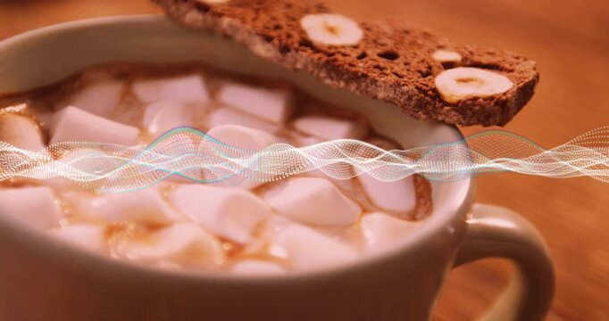 Waveforms emerging from left edge sweeping over cocoa mug with marshmallows and bread for contrast