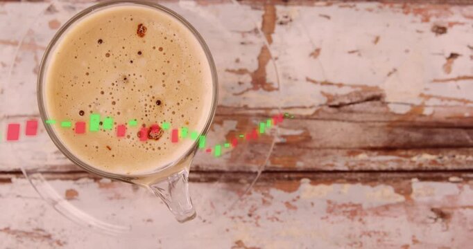 On frame open candlestick chart blocks entering from left over coffee cup visualizing market trend