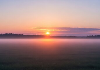 Serene sunrise over a misty landscape with soft pastel colors
