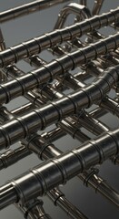 Interconnected metallic cylinders form a complex structure against a subtle background