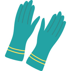 Teal colored long gloves with yellow stripes at the wrist for hand protection and cleaning