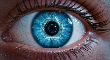 Extreme close up on a blue human eye displaying glowing digital interface elements