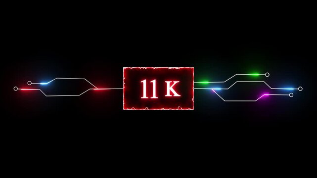 Neon social media followers or subscriber. Neon 11K celebration text animation background.
