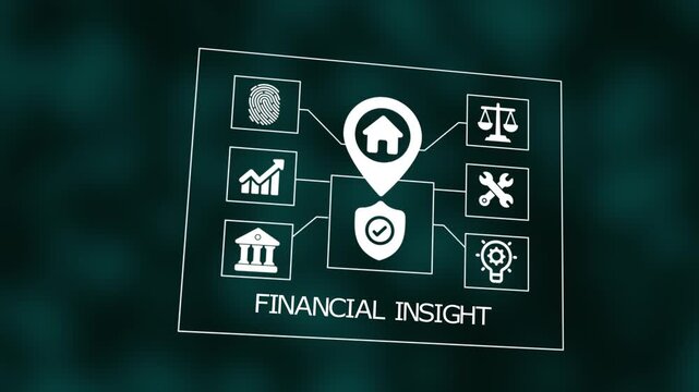 Financial insight concept graphic with secure data icons, analytical charts, governance elements and digital infrastructure for strategic business finance decisions.
