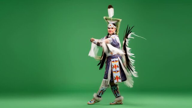 Native american woman traditional dancer performs on green screen. Cultural heritage celebration for chroma key footage.