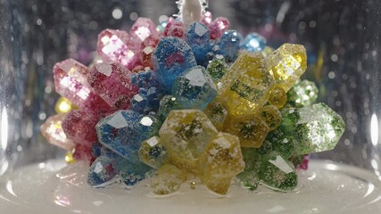 Vibrant rock candy crystal cluster in a clear glass container - Powered by Adobe