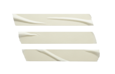 Three strips of beige masking tape with curved edges isolated on transparent background