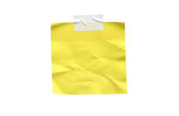 A crumpled yellow sticky note with white tape attached, isolated on a transparent background