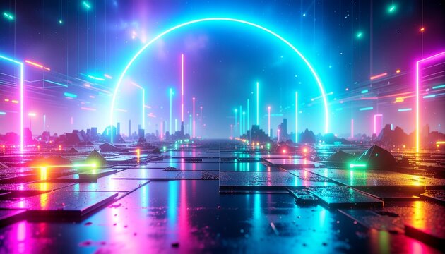 Futuristic Cityscape with Neon Lights and Glowing Arcs - Powered by Adobe